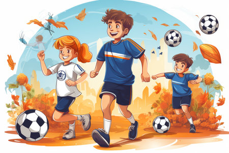 Boys and a girl in football uniforms happily play ball in autumnの素材