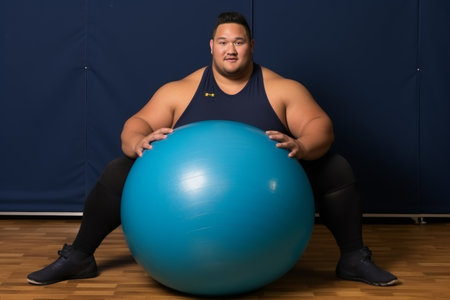 Strong Asian man in a T-shirt is sitting on the floor holding a fitness ball in his hands in the gymの素材