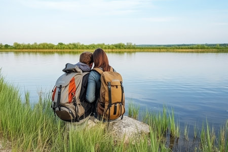 Tourists with backpacks are sitting on a large stone and looking at a beautiful clear lakeの素材