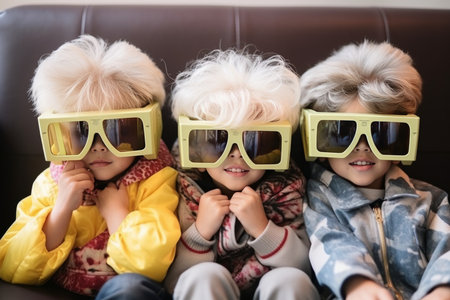 Three native children in huge 3d glasses are sitting on the couch in front of the TVの素材