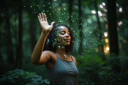 A beautiful African woman has closed her eyes and is doing magic in the green jungleの素材