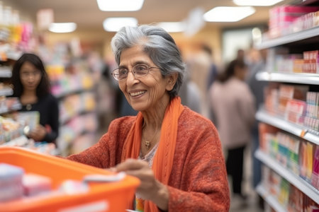 Smiling elderly white-haired Indian woman with glasses buys medicines in a modern pharmacyの素材