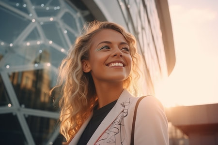 A happy blonde woman against the background of a modern building and the rising sunの素材