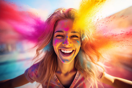Happy young woman with colorful pink and blue holi powder smiling and celebrating festivalの素材