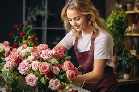Attractive young woman professional florist creating a beautiful rose bouquet in her own flower shopの素材