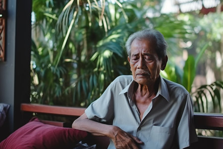 Elderly Asian man with heart attack and acute pain is sitting on an outdoor veranda near palm treeの素材