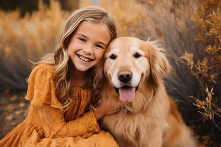 Cute blonde girl in a dress hugs her beloved red-haired kind retriever dog outdoorsの素材