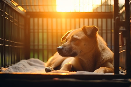 Cute stray dog looks through a rusty metal cage in an animal shelter in the rays of the rising sunの素材
