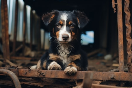Stray yard dog sits in an abandoned house and looks at the camera with sad eyesの素材