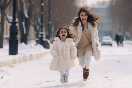 Joyful Mother and daughter in white fur coats run and play in a snow-covered parkの素材
