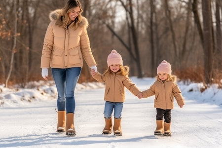 A mother holding the hands of two daughters strolls through a snow-covered winter parkの素材