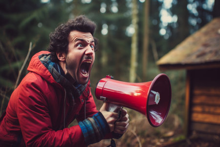 Man with crazy eyes shouts into a red loudspeaker in a remote forest, but no one hears him.の素材