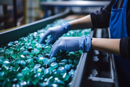 Employees manually sort plastic pellets on a recycling conveyor - waste management conceptの素材