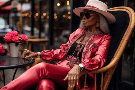 Stylish elderly black woman with fashionable accessories and hat is sitting at table in cozy cafeの素材