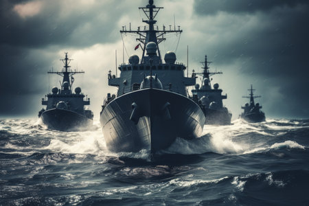 Modern naval warships in the open sea engaged in military exercises and training maneuvers.の素材
