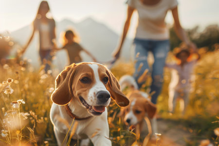 A happy family walks beagle dogs on a sunny warm day, happily spending time in natureの素材