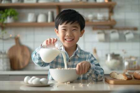 Asian boy pours milk into cereal bowl at table healthy children s breakfast conceptの素材