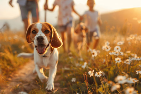 Family hiking with dog near mountains, enjoying vacation, concept of family holidays, dog close-upの素材