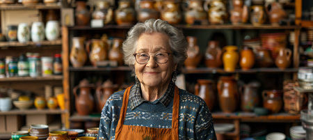 Smiling elderly woman is engaged in small business in manufacture of handmade pots in retirement.の素材