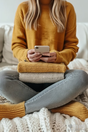 A woman uses a smartphone to place cozy knitted items for sale in an online clothing store.の素材