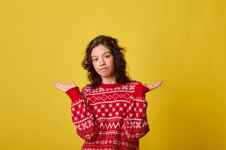 The young woman has long brown hair and a slightly puzzled expression on her face. She is wearing a red sweater with a snowflake pattern and has her hands raised in the air.の写真素材