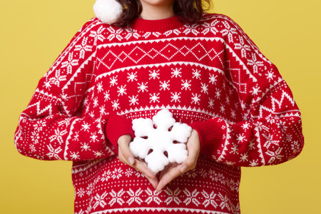 A young woman with long brown hair wearing a cozy red sweater. She holds a delicate snowflake ornament with intricate details, mesmerized by its beauty as it sparkles in the light.の写真素材