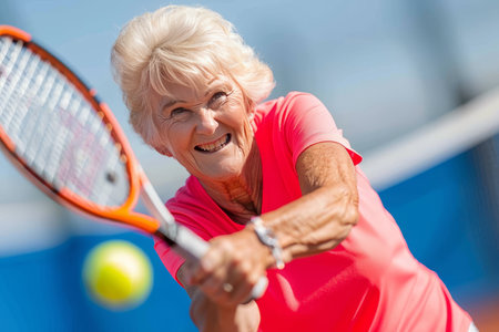 Senior Female Tennis Player Enjoys A Sunny Day On The Court, Her Smile Beaming With Joy And Healthの素材