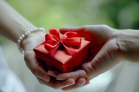 A Timeless Gesture of Affection Hands Presenting a Beautifully Wrapped Red Gift Box With a Ribbonの素材