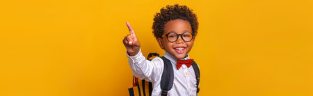 Smiling african schoolboy with backpack and glasses pointing up on colorful backgroundの素材
