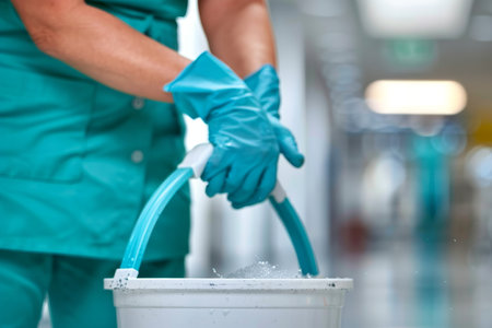 Close-Up, Unrecognizable Person in Blue Scrubs and Teal Gloves, Handling Bucket with Splash of Waterの素材
