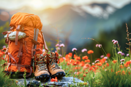 Orange Hiking Backpack And Boots Resting On A Rock In A Mountain Meadow, Adventure Travel Conceptの素材