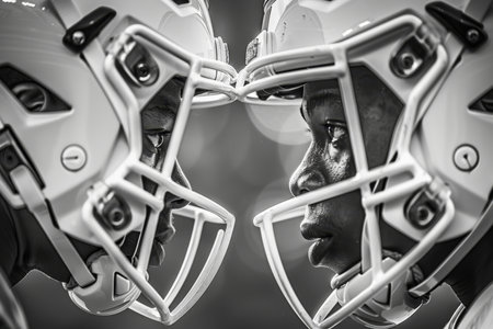 American Football Captains Close-Up, Face Mask Reflection, Black And White Sports Photographyの素材