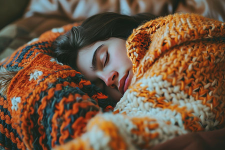 Close-up Of Beautiful Young Woman Sleeping, Resting On Couch Covered With Warm Blanketの素材