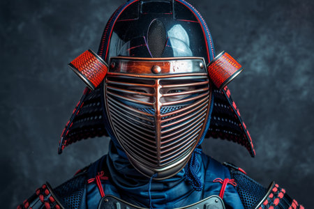 Close-up portrait, Kendo fighter in helmet with a menacing look on gray background, close-upの素材