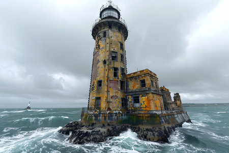 Lonely Old Lighthouse Amidst Stormy Sea, a testament to time and the elements, natures powerの素材