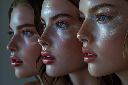 Close-up, Diverse Skin Tones of Three Women with Glowing Makeup, Beauty and Skincare Conceptの素材