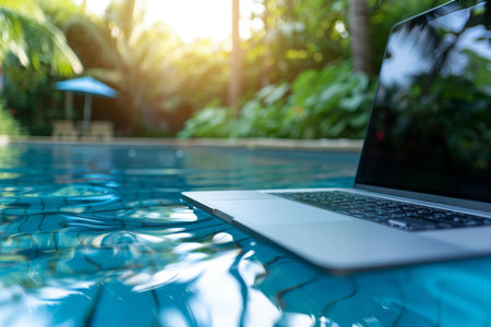 Laptop Computer on Side of Resort Pool, Water, Palm Trees, Blue Sky, Work From Anywhereの素材