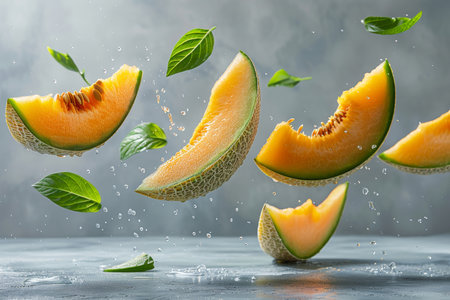 Floating cantaloupe slices surrounded by fresh green leaves on a clean white backgroundの素材