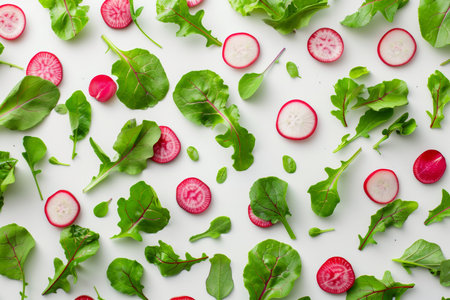 Vibrant radish slices surrounded by lush green leaves captured in a stunning photography shotの素材