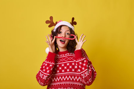 Cheerful young woman wearing a Santa hat with reindeer antlers playfully holds a candy cane under her nose. She is dressed in a red sweater and the background is yellow.の写真素材