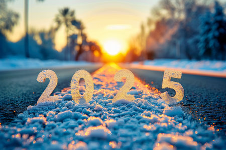Start 2025 Text Written in Frost on Middle of Snowy Winter Road Leading off into Sunset Horizonの素材