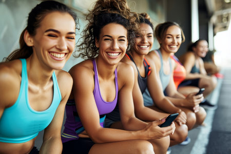 Friends celebrating achievements together using a smartphone during outdoor gymnastics classesの素材
