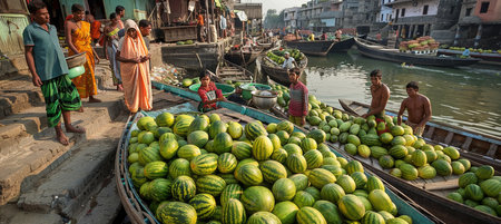 Watermelon Market on the River Bustling Scene of Vendors and Fresh Produce in Vibrant Communityの素材