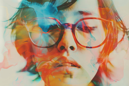 Young Woman with Colorful Digital Elements, Portrait Representing Technology, Art, and Innovation.の素材