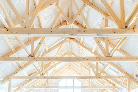 Close up of intersecting wooden beams in geometric design highlighting craftsmanship and textureの素材