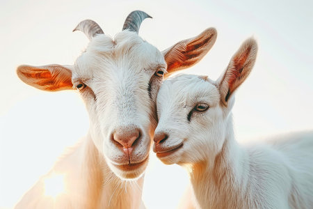 A serene moment white goat nuzzling its newborn kid in a cozy barnyard environmentの素材
