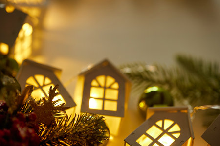 This captivating Christmas backdrop features a lovely blend of gently blurred, colorful lights and cheerful decorations, exuding warmth and joy, ideal for embracing the holiday spirit.の写真素材