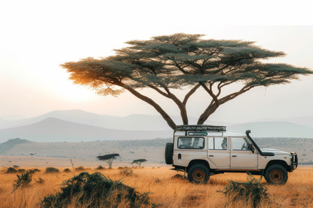 A rugged vehicle resting under a majestic tree amidst golden grass and scenic mountainsの素材