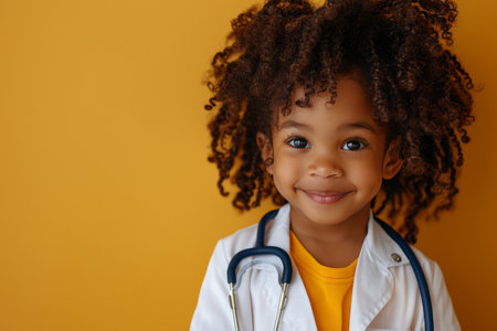 Little African Girl Playing Doctor, Wearing White Coat and Stethoscope, On Yellow Backgroundの素材