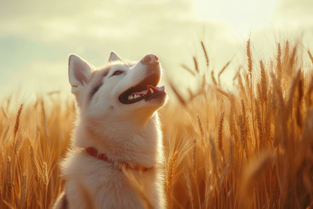 Joyful husky playing in nature amongst flourishing wheat fields under a clear blue skyの素材